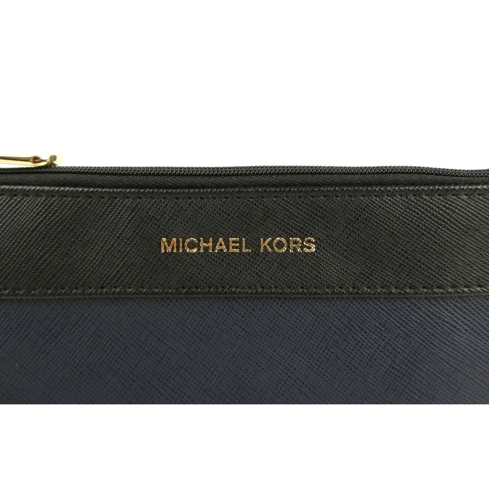 Michael Kors Black Navy Leather Cosmetic Zipper Pouch Case